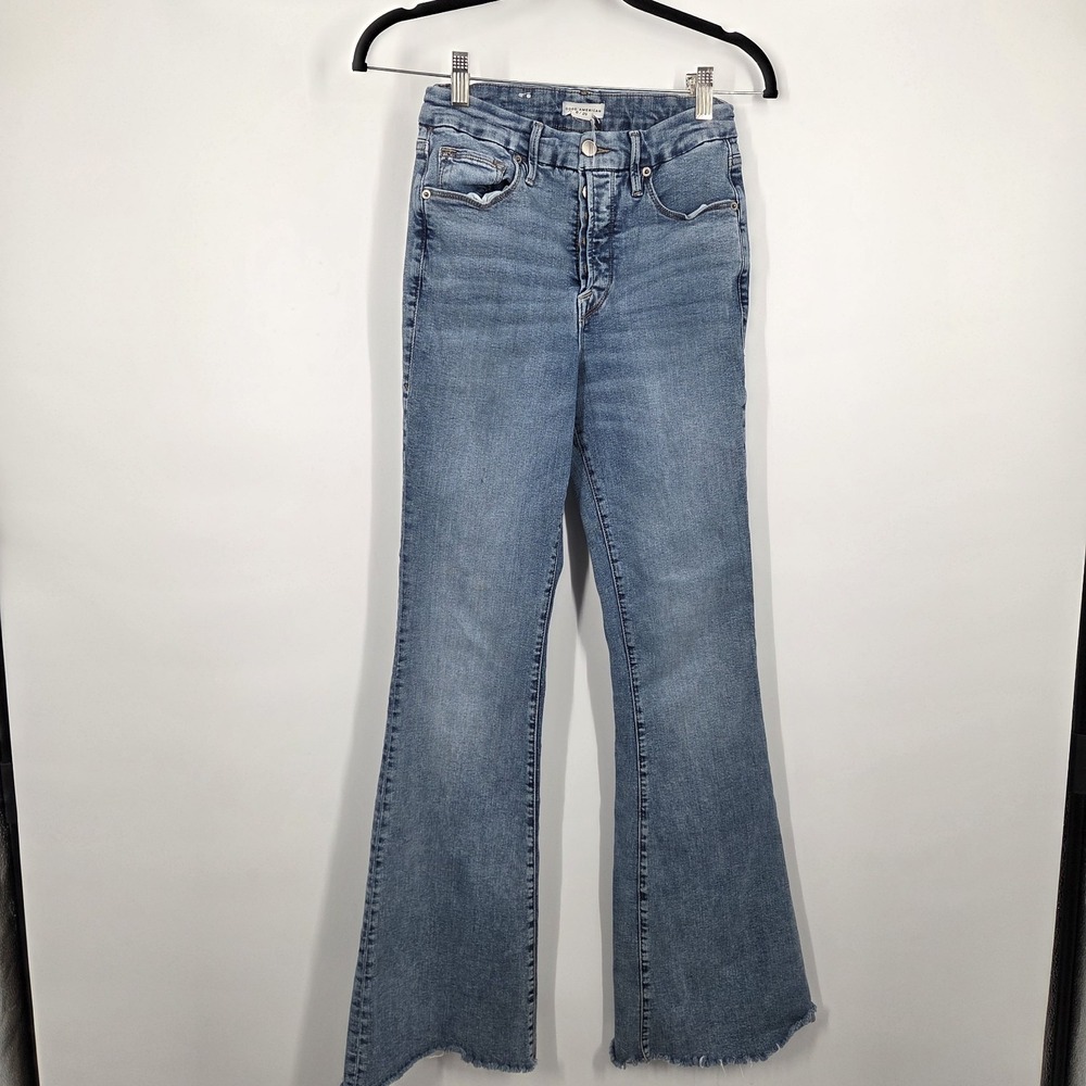 Good American Women's Good Legs Flare Jeans SZ 8/29 Pants Raw Hem Hippie